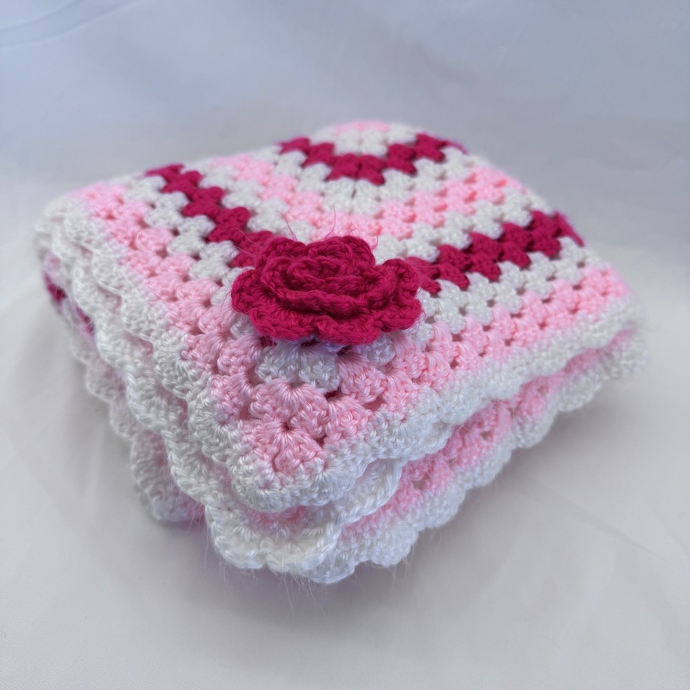 Handmade Pink & White Crochet Granny Square Blanket Rose Cottagecore Nursery
